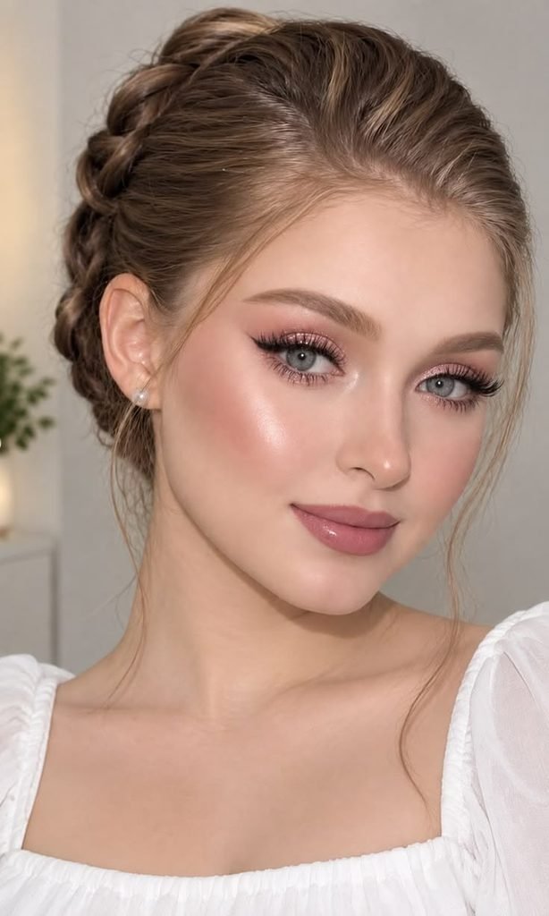 Soft glam Christmas makeup featuring rosy cheeks, neutral eyeshadow, natural lashes, and pink nude lips.
