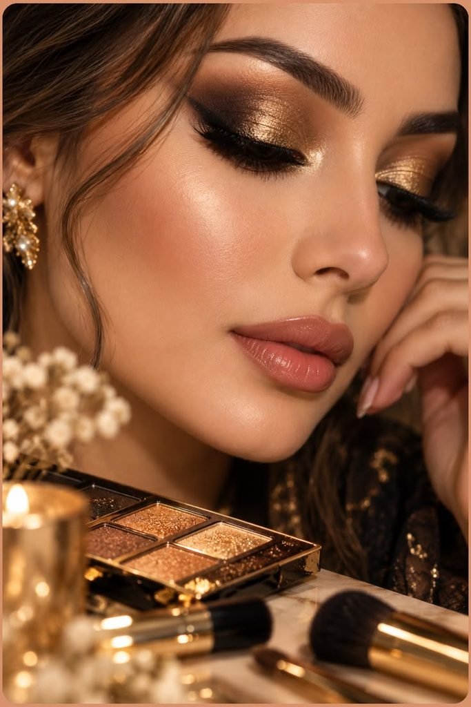  Elegant Christmas party makeup with champagne shimmer eyeshadow, glowing cheeks, and glossy nude lips.
