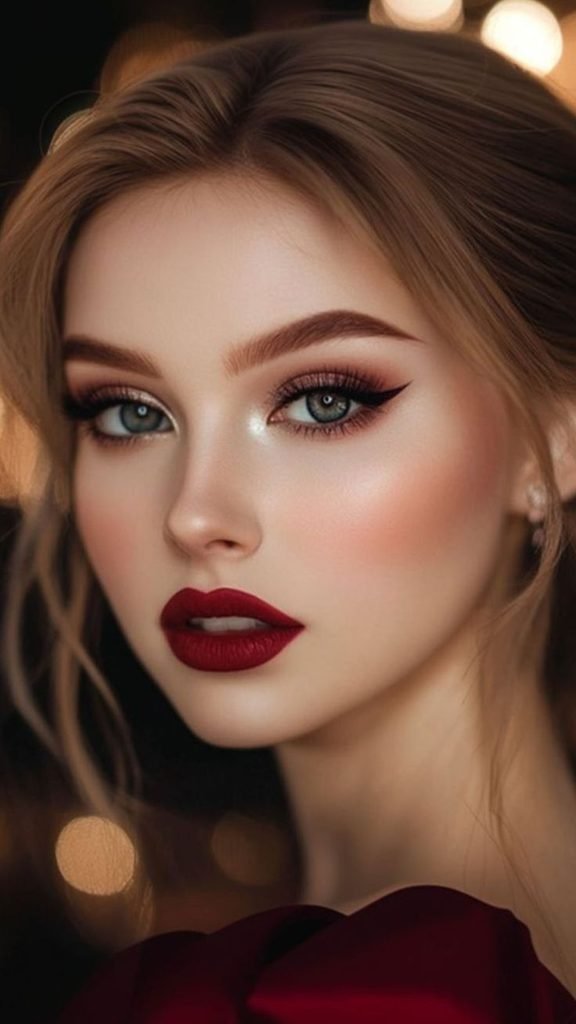  Festive Christmas makeup with rich berry lipstick, soft neutral eyeshadow, and natural glowing skin.