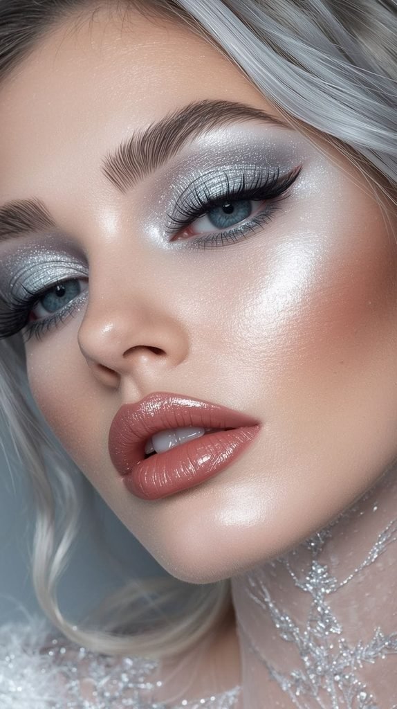 Silver shimmer Christmas makeup with cool grey eyeshadow, defined lashes, and soft pink nude lips.