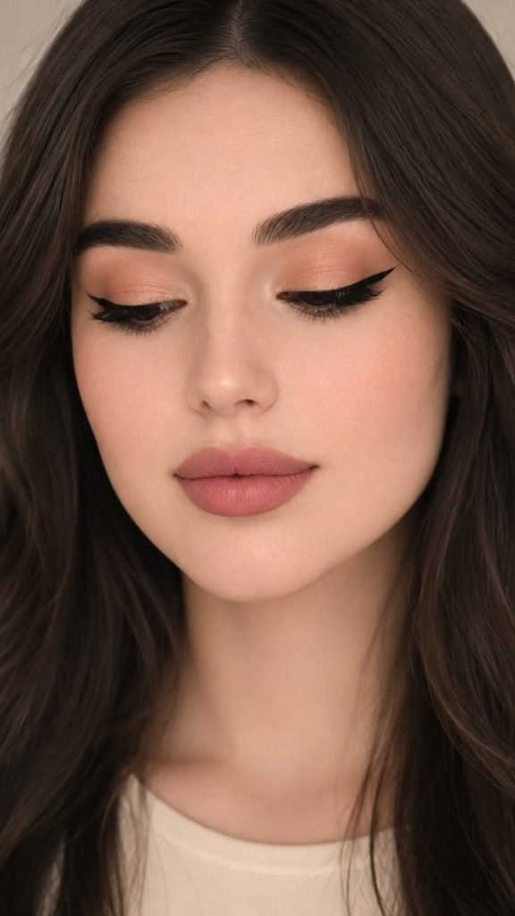 Glossy nude Christmas party makeup with radiant skin, neutral eyeshadow, and shiny nude lips.
