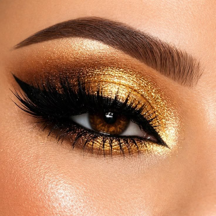 Festive Christmas eye makeup with winged black eyeliner, subtle gold sparkle, and natural nude lips.