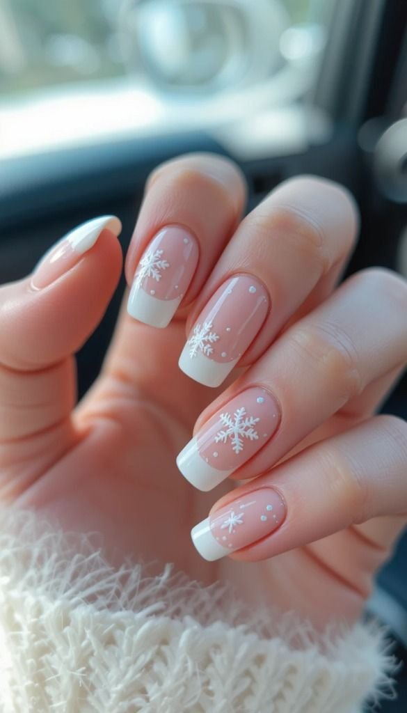 Minimalist white snowflake nail art on a soft winter-inspired base.