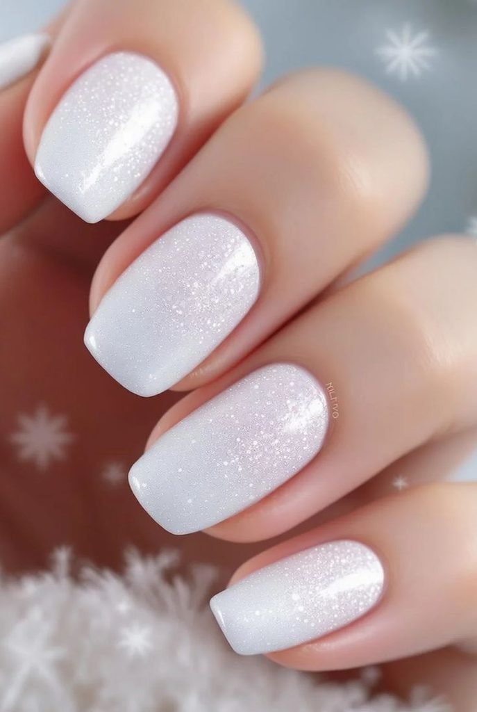 Milky white winter nails with a smooth, translucent, elegant finish.