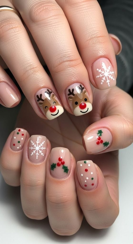 Cute Christmas reindeer nail art featuring a tiny reindeer face on a nude base.