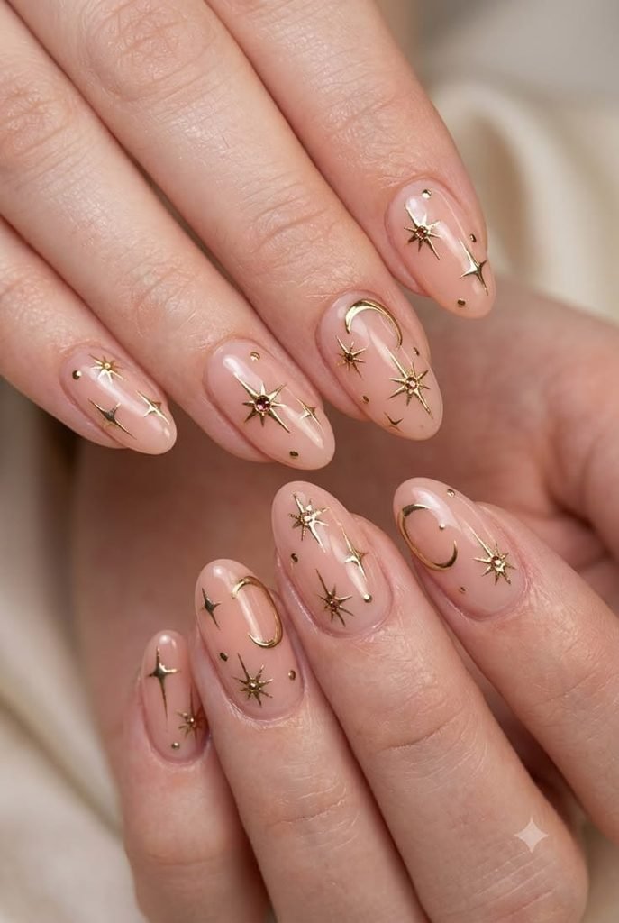 Nude Christmas nails decorated with delicate gold star accents.