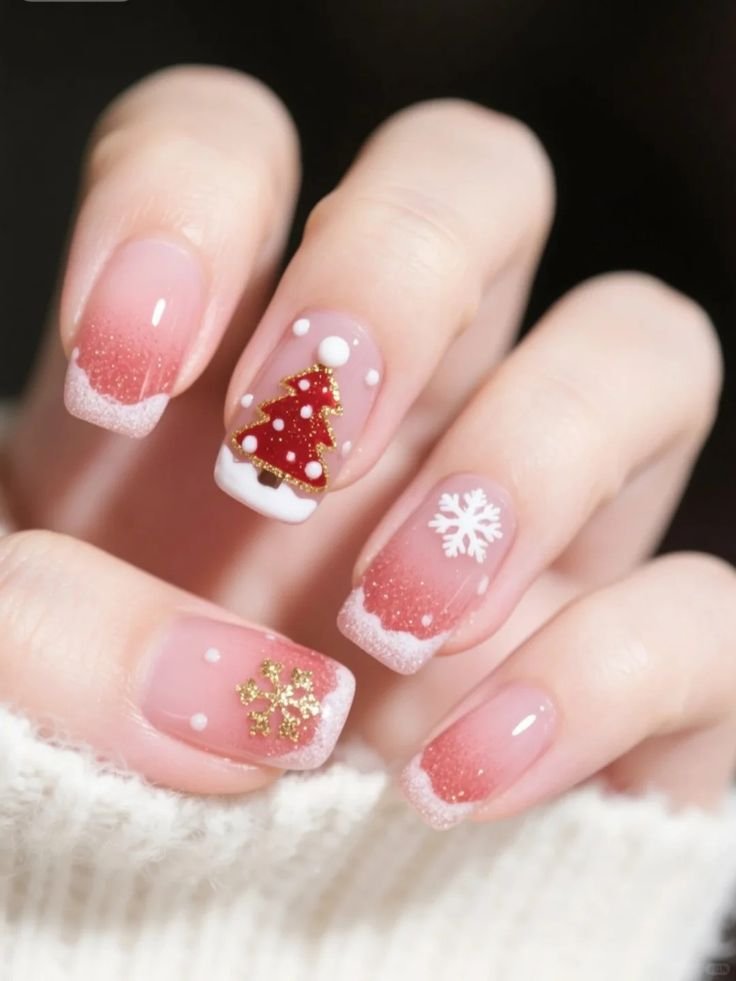 Soft pink Christmas nails with delicate white and silver festive details.