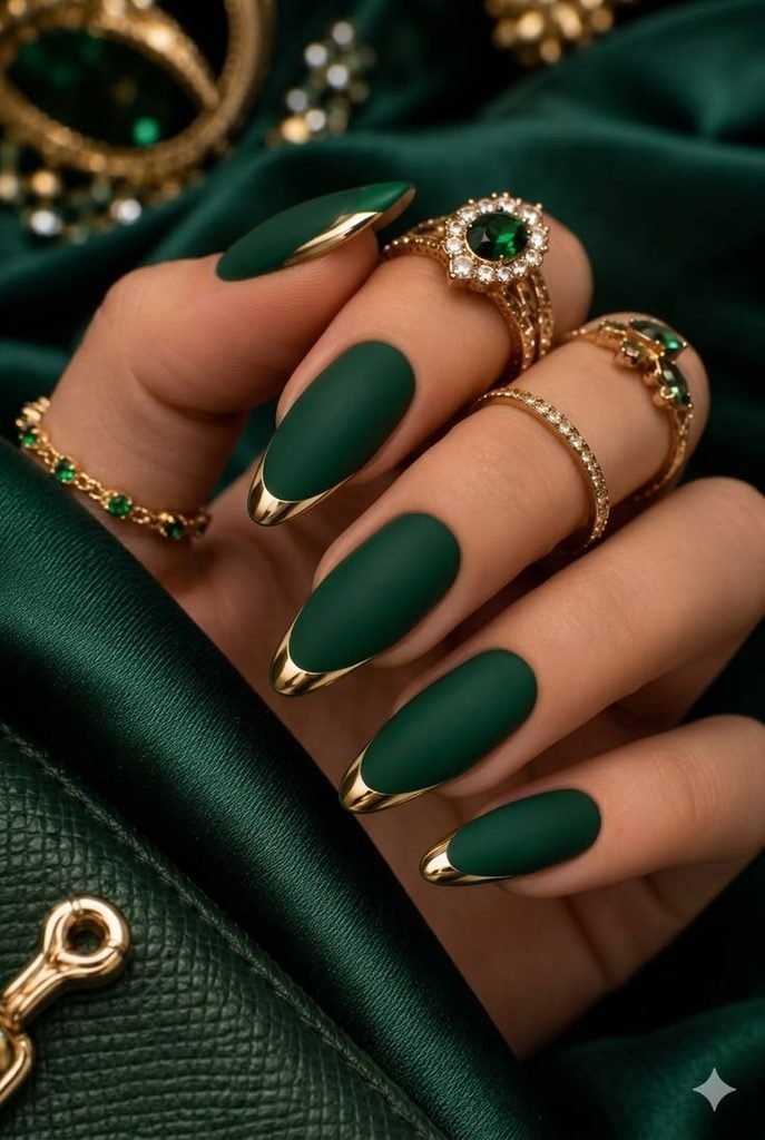  Emerald-green Christmas nails with elegant gold foil and metallic accents.