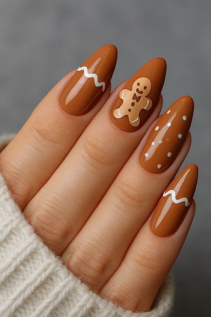 Gingerbread-inspired Christmas nails with brown polish and white icing details.