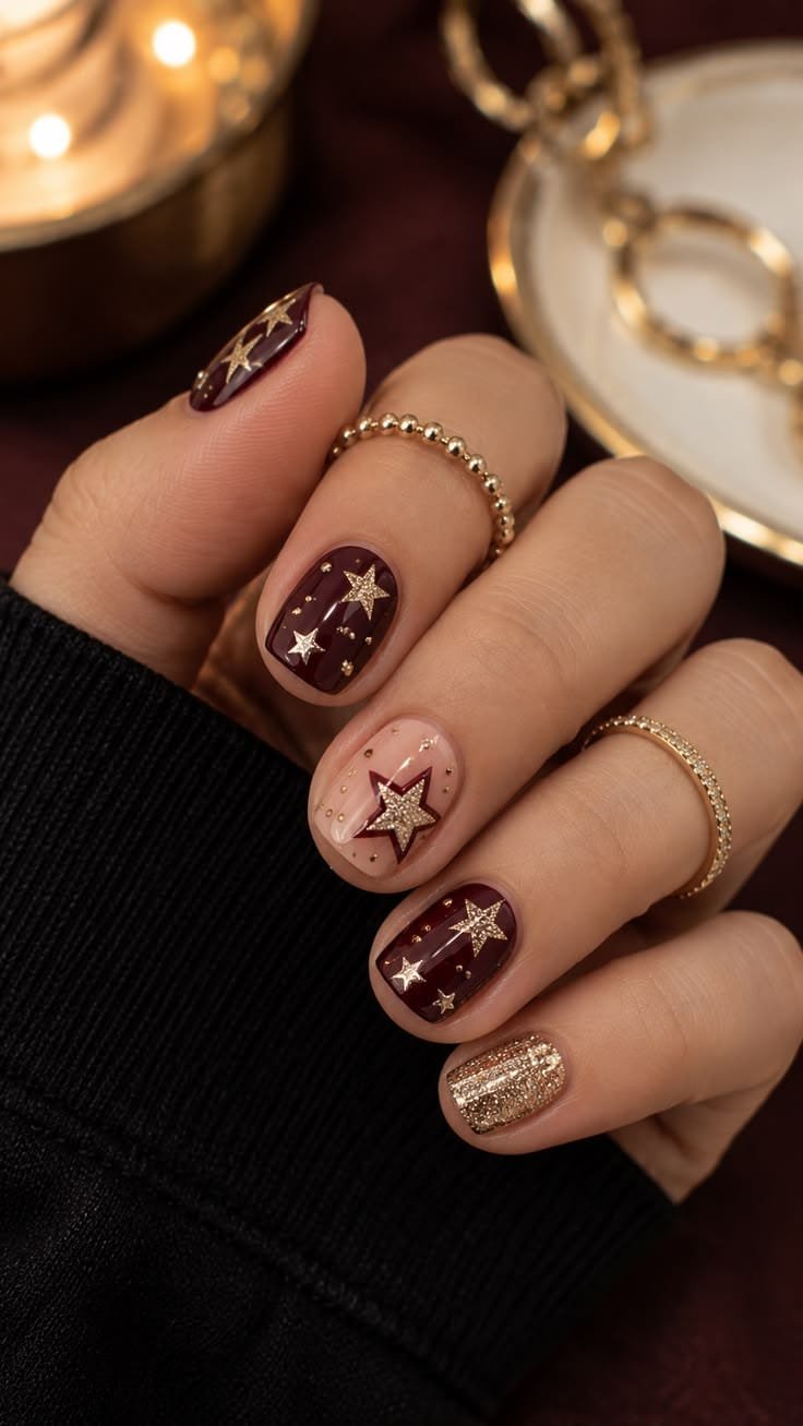 Short natural Christmas nails with simple red, nude, and gold festive details.