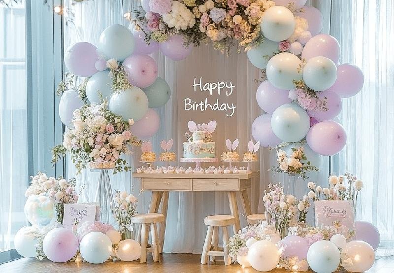 Pastel dream birthday party featuring pink, lavender and baby blue balloons, elegant desserts and coordinated decorations.