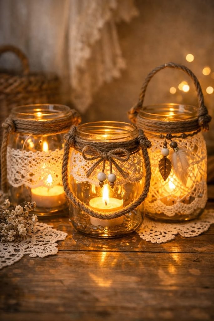 Old glass jars decorated with leftover fabric, lace, and twine for affordable rustic home decor.