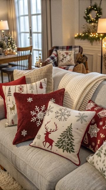 decor living room for Christmas with cozy cushions