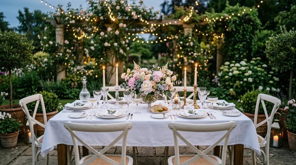 Elegant garden party with floral centerpieces, linen tablecloths, outdoor dining and warm string lights.