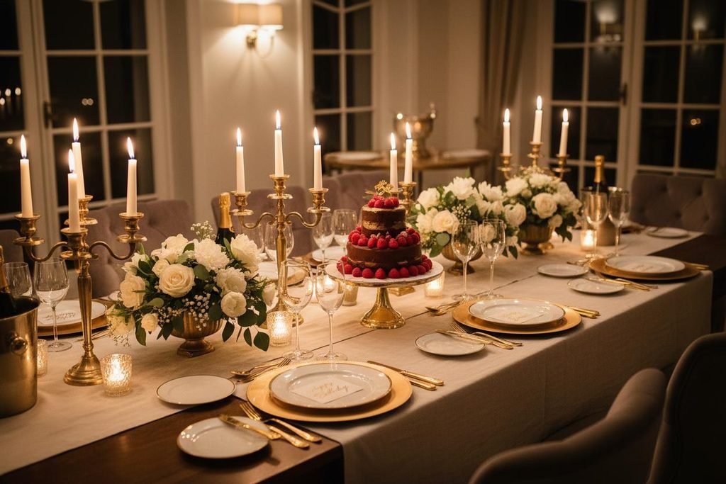 Intimate candlelight birthday dinner with glowing candles, elegant flowers, coordinated table settings and warm lighting.
