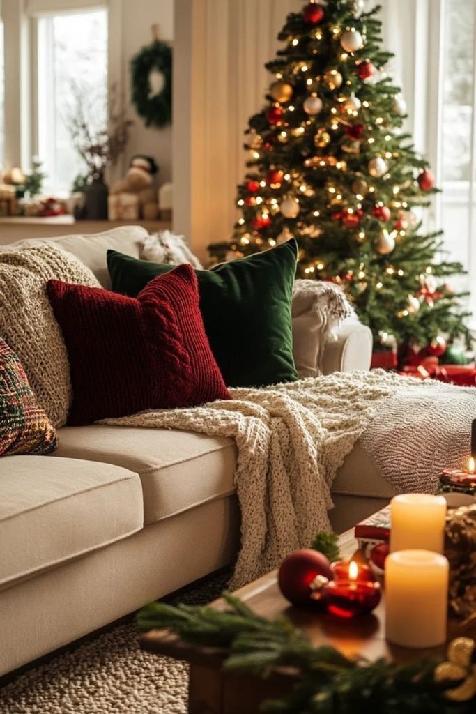 decor living room for Christmas with cozy cushions
