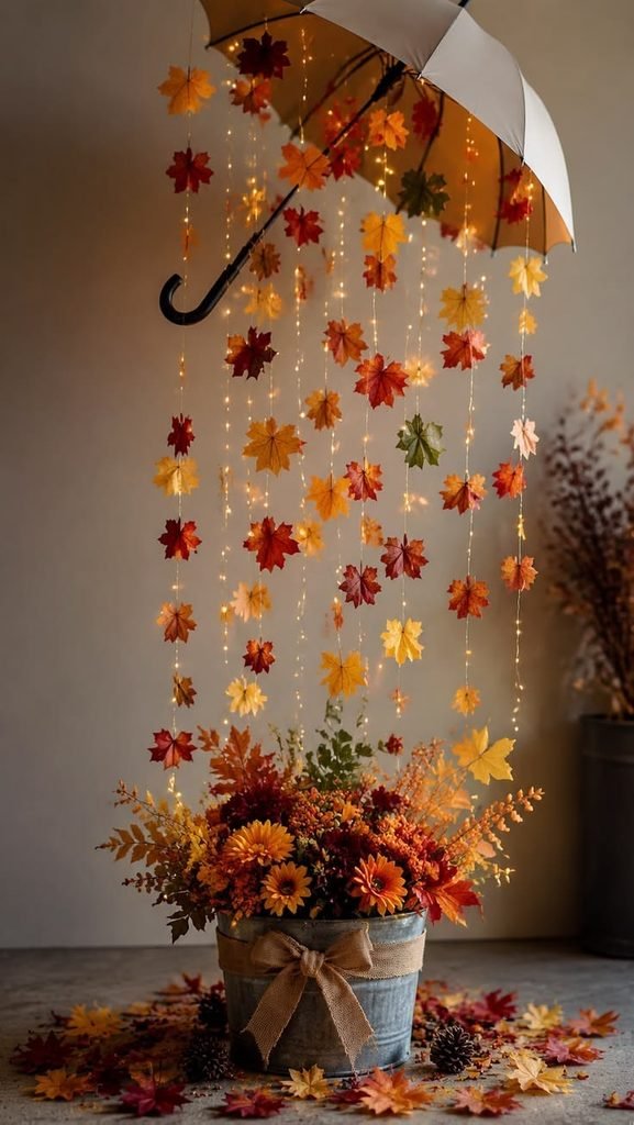 Seasonal home decorations made from recycled glass jars with autumn leaves, winter lights, and festive accents.
