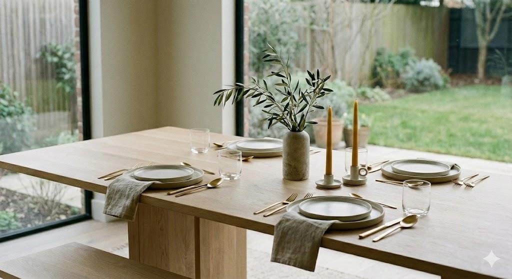 Minimalist neutral dinner party featuring beige linens, cream ceramic plates, simple candles and natural greenery.