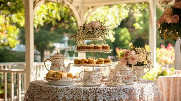 Vintage tea party featuring floral porcelain teacups, tiered cake stands, delicate table linens and afternoon treats.