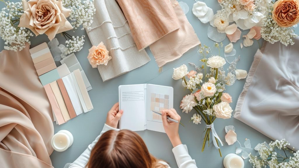 Party planning mood board with color swatches, floral samples, ribbons, invitations and decorative inspiration.