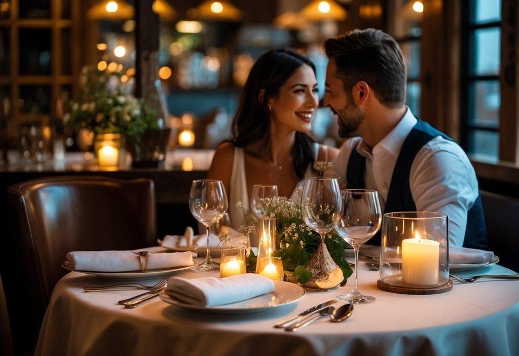Romantic candlelit dinner setting representing an experience gift for newlyweds.