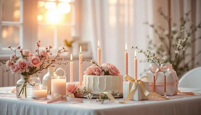 Elegant small celebration featuring a beautifully decorated cake, fresh flowers, candles and warm ambient lighting.