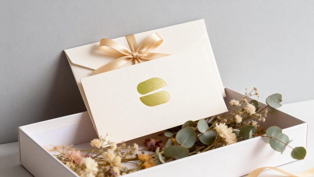 Gift card presented in an elegant envelope with ribbon and dried flowers.